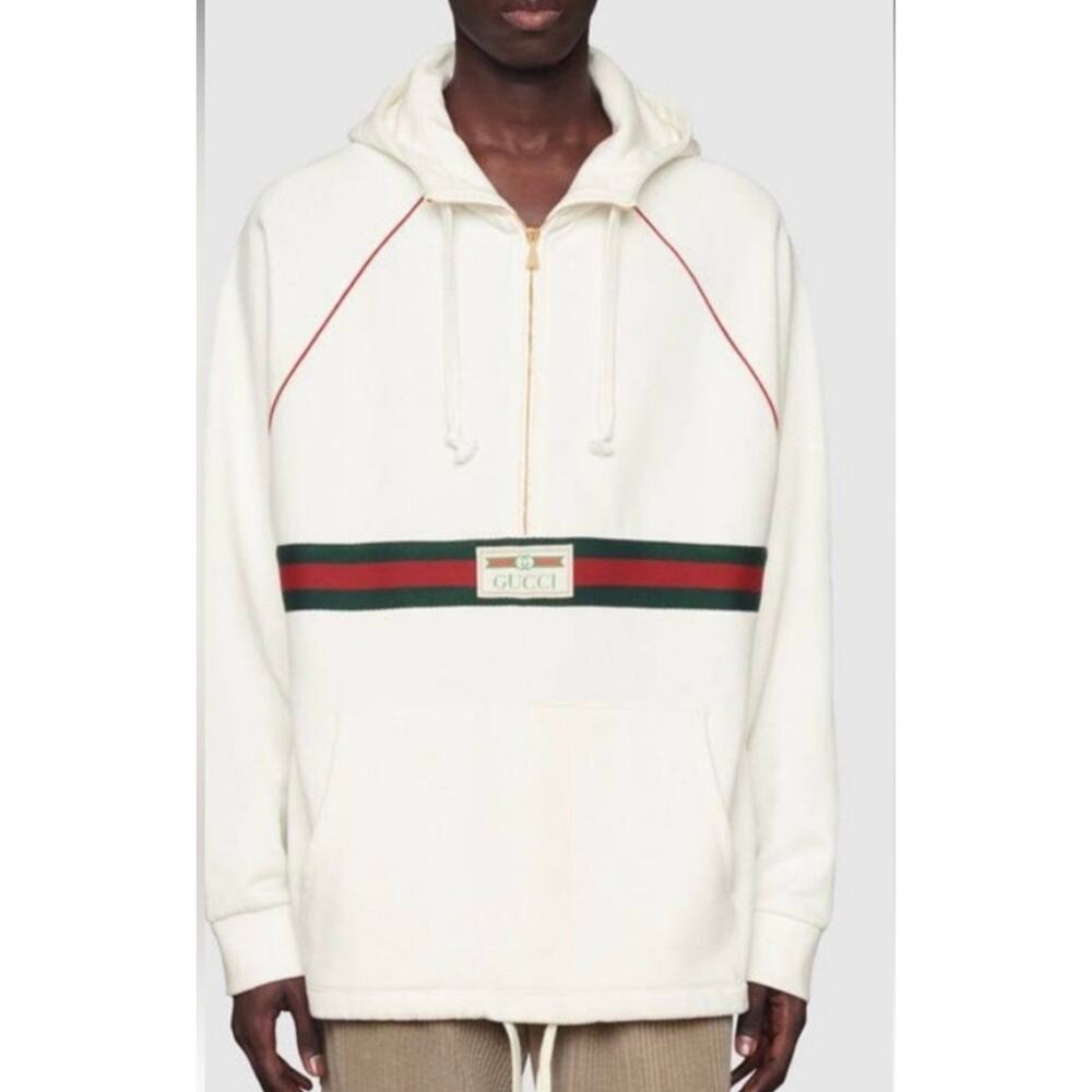 Men's Gucci cotton half zip hoodie signature green/red web trim gold size XXL